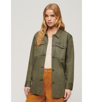 Superdry para mujer. W4010424A Sobrecamisa militar verde (M), Casual, Algodón, Manga larga