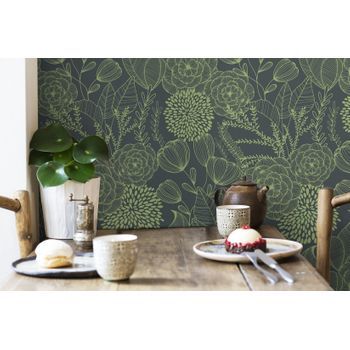 Papel Pintado Vinílico Ecológico De Flores Dibujadas Con Trazos Verdes - Morgan Flowers 680642 De Gaulan - Rollo De 10 M X 0,53 M
