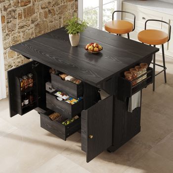Isla De Cocina Móvil Negra Con Ruedas Y Extensiones Abatibles, 142,5 X 80 X 95 Cm