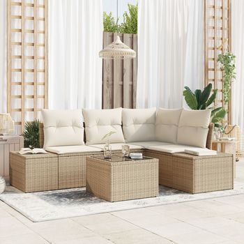 Juego De Sofá De 5 Piezas De Jardín Con Cojines Ratán Poliéster Marrón V6377 Unico / Beige