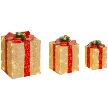 Outsunny Juego de 3 Cajas de Regalo Navidad con 58 LED Blanco Cálido Adornos Luminosos para el Árbol de Navidad Dorado   Aosom España