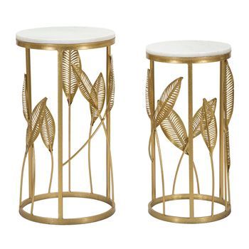 Juego De 2 Mesas De Metal Dorado Con Tablero Blanco Cm 35x65,5-30x60,5