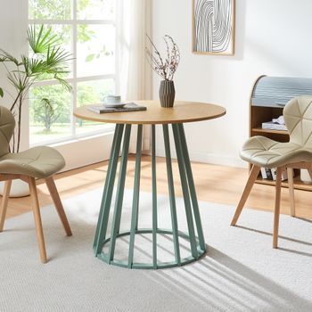 Mesa De Comedor Lensuu Redonda 76xø80 Cm - Verde Pastel/efecto Roble [en.casa]