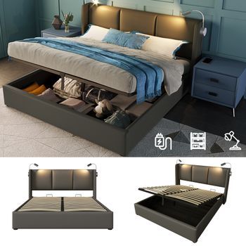 Cama Contenedor 140 X 200 Cm - Cuero Pu - Lámpara De Lectura Y Usb - Gris
