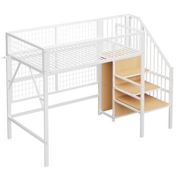 Cama Alta Metálica Blanca De 90 X 200 Cm Con Led Y Escalera De Almacenaje
