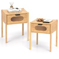 costway juego de 2 mesitas de noche de bambu estilo rustico con cajon y vidrio templado mesa auxiliar para dormitorio natural