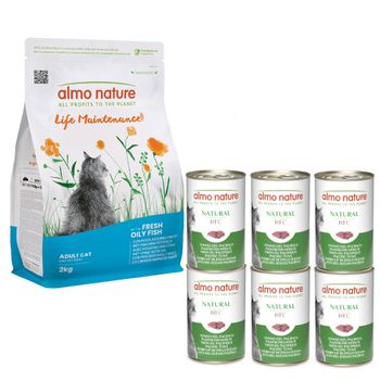 Pack nutrición mixta: pienso 2 kg + latas Almo Nature 6 x 70/140 g - 2 kg Holistic pescado azul y arroz + 6 x 140 g HFC atún del Pacífico