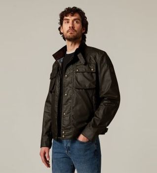 Belstaff para hombre. 105306 Chaqueta Racemaster verde aceituna desgastado (48), Casual, Algodón