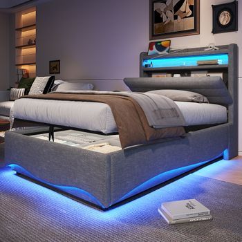 Cama Canapé Con Cabecero De 90 X 200 Cm - Tejido De Lino - Leds + Puertos Usb Y Tipo C - Gris (colchón No Incluido)