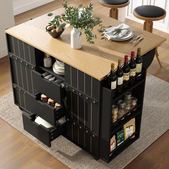 Carrito De Cocina, Encimera, Especias, Toalla, Puertas Correderas, Cajones, Negro