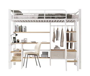 Cama alta,cama infantil de metal 90x200cm,blanco+natural