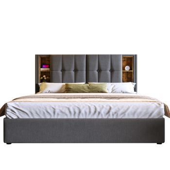 Cama Doble Con Carga Inalámbrica Usb-c - Cama Tapizada 140x200 Cm - Sistema Hidráulico - Gris