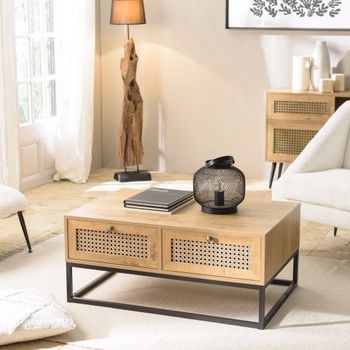 Mesa de centro marrón de 4 cajones efecto ratán y patas de metal negro