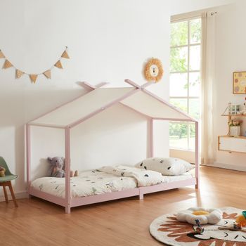 Cama Para Niños Brome Forma Casita Con Techo Pino 90 X 200 Cm - Rosa Y Blanco [en.casa]