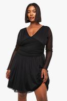 plus plunge corset detail long sleeve skater dress negro