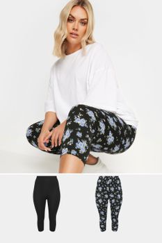Yours Juego 2 Leggigns Capri: Negro Y De Flores Azules, Mujer Curvy Y Tallas Grandes, Yours