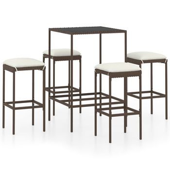 Set De Bar De Jardín 5 Uds | Conjunto De Mesa Y Sillas Y Cojines Ratán Sintético Marrón