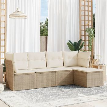 Conjunto De Sofás Jardín Con Cojines 5 Uds | Mueble Jardin Mesa Y Sillas Ratán Sintético Beige Cfw208015