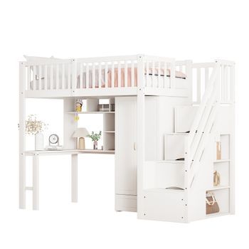 Cama Alta Con Almacenamiento, 90x200cm, Armario, Estante, Escritorio, Escaleras, Blanco