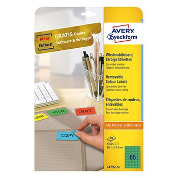 Avery Zweckform L4792-20 Etiquetas removibles  A4 38,1 x 21,2 mm verdes (1300 etiquetas)
