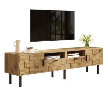 Mueble De Tv 160 Cm Mesa De Tv Para Salón Con Diseño De Mosaico, 2 Puertas Y 2 Cajones, Tablero De Partículas, Natural Y Negro