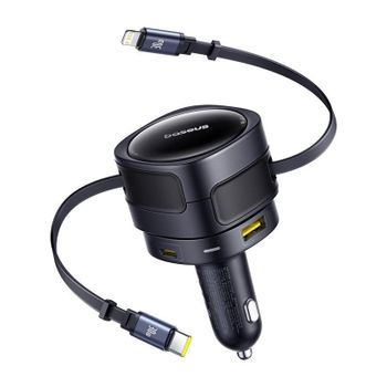 Cargador Coche Baseus 90W Negro con Cables USB-C y Lightning Integrados