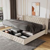 cama doble tapizada con cofre hidraulico cabecera orejera franela beige 180x200 cm
