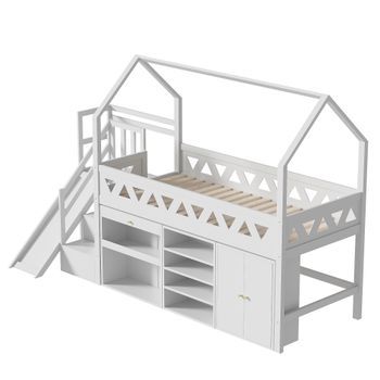 Cama Alta Multifuncional De Madera Y Mdf 90x200cm Con Tobogán, Escalera Y Taquillas Blanco (sin Colchón)