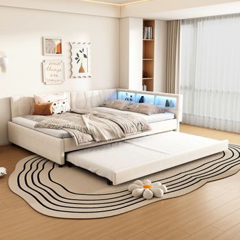 Cama Nido 140x200 Cm + 90x190 Cm Con Cabecero Y Compartimentos - Carga Usb Y Tipo C Y Led - Tejido De Lino - Beige (sin Colchón)