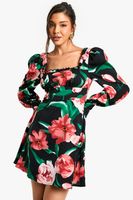 vestido mini estilo mesonera estilo corse con estampado de flores negro