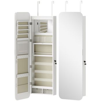 HOMCOM Espejo Joyero con Luz LED Montado en la Pared o en la Puerta con Cerradura Espejo Entero 2 Cajones Blanco