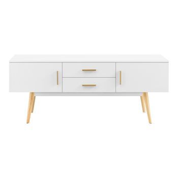 Mesa De Tele - 140 X 40 X 56 Cm - Soporte De Televisión - Cómoda - Mueble De Salón Para Tv - Con 2 Puertas Y Cajones - Almacenamiento - Patas De Madera - Blanco [en.casa]®