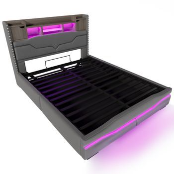 Cama Tapizada Con Almacenamiento - 160x200 Cm - Iluminación Ambiental Con Mando - Iluminación Led - Gris - Sin Colchón