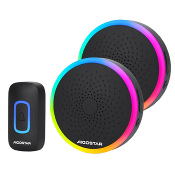 Aigostar RGB Timbre Inalámbrico, Timbre Inalámbrico Exterior Impermeable Sin Pilas, IP55, 5 Niveles De Volumen (0-120dB) Y 60 Melodías, Negro (2 Receptor Y 1 Transmisor)