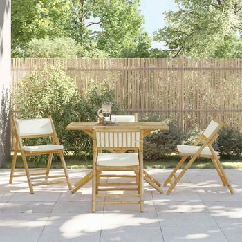 Juego De Bistró Plegable Con Cojines 5 Uds | Conjunto De Mesa Y Sillas Bambú Blanco Crema
