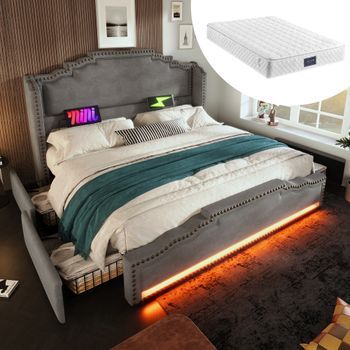 Cama Doble 140x200 Gris Terciopelo, 4 Cajones, Led, Usb-c, Somier Lamas, Con Colchón, Adolescentes