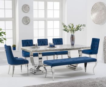 Haven 200cm Grey Marble Table With Talia Velvet Chairs And Blue Velvet Fitzrovia Bench - Grey, 2 Chairs