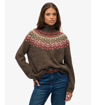Superdry para mujer. W6110657A Jersey Fairisle cuello alto marrón (XL), Casual, Poliéster, Manga larga