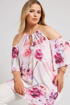 Yours London Top Hombros Descubiertos Rosa De Flores Con Cadena, Mujer Curvy Y Tallas Grandes, Yours London