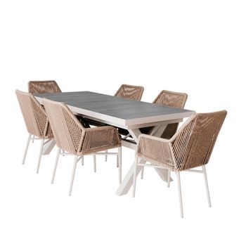 Conjunto De Mesas Y Sillas Mesa Extensible 162-202, Tablero Cerámica, Aluminio, Color Blanco Envejecido, Mesa:162-202cm X92cm X78cm Alto,sillón:57 Cm