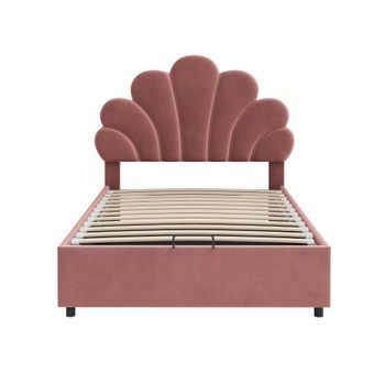 Cama Con Almacenaje Acolchada De Terciopelo 90x200cm Cabecero En Forma De Flor Con Somier De Láminas Rojo