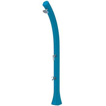 Ducha Solar Azul De Exterior Con Forma Curvada Y Grifo Lavapies. Fabricada En Polietileno De Alta Densidad. 2,16 M De Altura