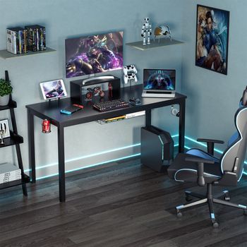 Escritorio Para Juegos Con Estante Para Monitores Gancho Para Auriculares 140x60x94cm Negro Cfw96323