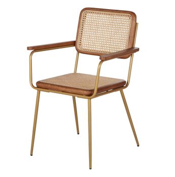 Silla de comedor con reposabrazos de hevea, ratán y acero dorado