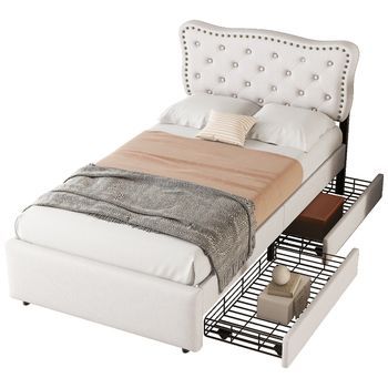 Cama Tapizada 90x200 Beige Claro Con 2 Cajones De Almacenaje, Cabecero De Lino Con Remaches, Madera De Pino
