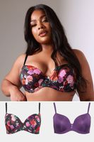 yours juego 2 sujetadores con aros morado y negro floral