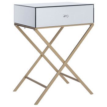 Mesa Auxiliar Con Tablero Espejado Plateado Patas De Metal Dorado 50 X 40 Cm Estilo Glamour Moderno Con 1 Cajón Vivy