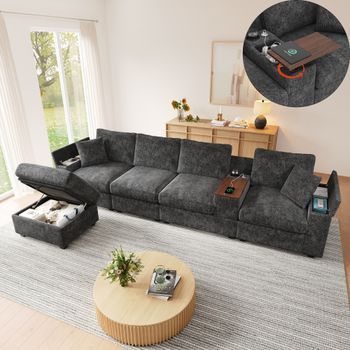 Sofá Modular En L Gris De Chenilla, 313 × 147 × 82 Cm, Con Otomana Y Almacenamiento