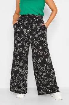Yours London Pantalón Ancho Negro De Flores Blancas, Mujer Curvy Y Tallas Grandes, Yours