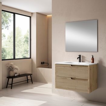 Mueble Ezio 80 Cm 2c, Roble Hércules. Pack Mueble + Lavabo.